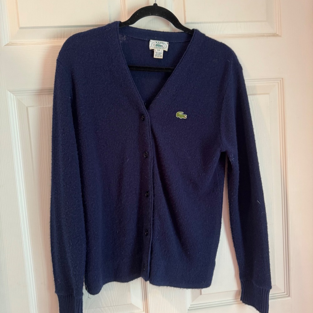 Izod Lacoste Cardigan Men 38 Navy Blue Vintage USA Made Acrylic V-Neck Sweater